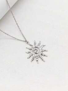 1pc Silver Stainless Steel Non-Fading Exaggerated Sun Pendant Long Necklace, Fashionable Suitable For Daily Wear, Beach, Travel - Silver - View 1