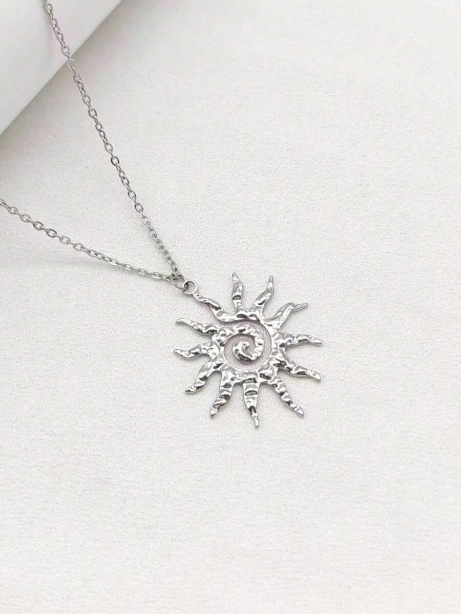 1pc Silver Stainless Steel Non-Fading Exaggerated Sun Pendant Long Necklace, Fashionable Suitable For Daily Wear, Beach, Travel - Silver - View 1