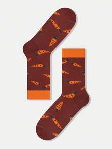 1/4 双男女通用情侣撞色卡通煎蛋、胡萝卜、仙人掌、山树图案艺术设计精梳棉中筒袜，适合旅行、居家、办公、节日礼物 - 彩色 - 查看 12