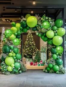 64/109件套绿色气球拱门套装，包含18/10/5英寸深绿色和浅绿色乳胶气球，适用于生日派对、婚礼庆典、背景墙装饰、室内/室外装饰套装、毕业典礼、儿童派对和丛林主题派对装饰。 - 彩色 - 查看 4