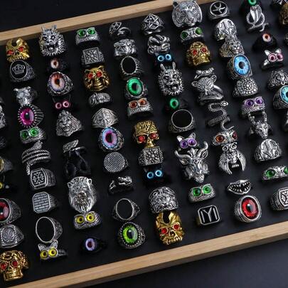 10/20pcs Vintage Punk Goth Style Rings, Designs Include Big Eye, Claw, Owl, Snake, Frog, Crocodile, Feather, Heart Shapes, Suitable For Holiday Parties, Bars, Nightclubs, Motorcycles, Daily Wear Fashion Accessories Gift