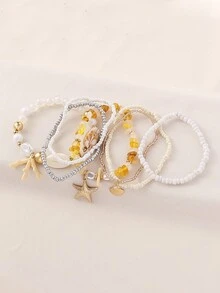 7pcs/Set Pink Series Girly Beach Vacation Style Shell, Starfish & Bead Elastic Bracelet Set, Suitable For Women's Vacation & Daily Wear (Handmade Beading, Bead Quantity And Sequence Position Are Random) - White - View 8