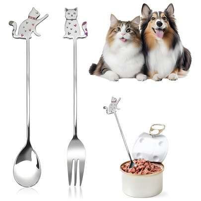 2pcs Cute Cat Stainless Steel Spoon & Fork Set, Easy To Clean, Suitable For Cat/Dog Wet Food Bowls