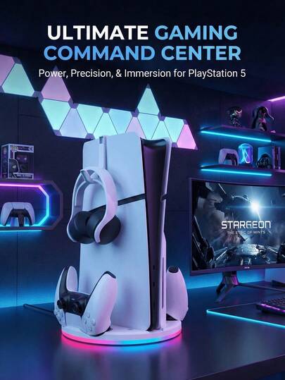 1 pezzo Accessorio necessario compatibile con PlayStation 5/Slim, adatto per il supporto della console PlayStation 5/Slim, regalo estivo e autunnale, con luci a LED, accessorio per il gaming estivo, stazione di ricarica per controller PS 5, accessorio per il gaming, console per videogiochi, accessorio per console, adatto per i giocatori di console