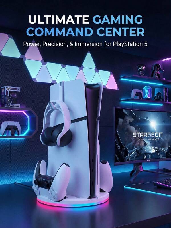 1 pezzo Accessorio necessario compatibile con PlayStation 5/Slim, adatto per il supporto della console PlayStation 5/Slim, regalo estivo e autunnale, con luci a LED, accessorio per il gaming estivo, stazione di ricarica per controller PS 5, accessorio per il gaming, console per videogiochi, accessorio per console, adatto per i giocatori di console