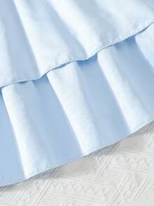 1件女童休闲甜美浅蓝色荷叶边单肩A字连衣裙，腰部系带，配有同色腰带，适合夏季穿着 - 淺藍色 - 查看 5