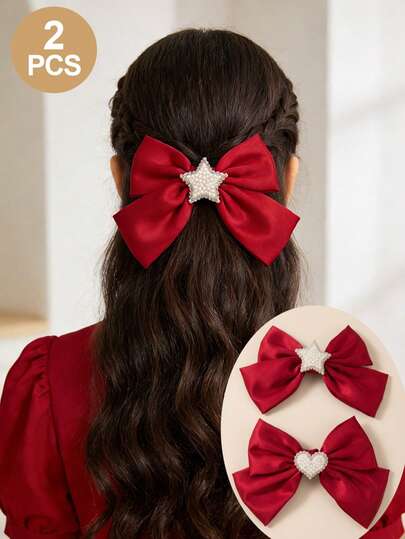 2 PCS Satin Bow Hair Clips,Bowknot Star-Shaped Heart-Shaped Pearl Diamond Hair Clips, Cute And Exquisite Accessory,Cute Hairpin Hair Accessory,Children Spring Hair Accessories,Toddler Hair Accessories,Little Girl Four Seasons Outfits,Suitable For Both Home And Outing,Kids Gifts,Suitable For Tourism Photography, Holiday Parties