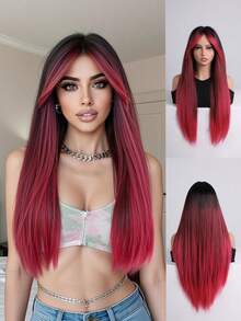 多层女士假发，柔软合成发丝，中长款，适合情人节约会和日常造型 - 漸層紅色 - 查看 4