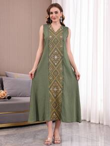 2pcs Heavily Beaded Embroidered Dress Set With Underskirt, Elegant Arabic Women's Dress, V-Neck, New Release, High-End Dignified Style, 2026 New Ramadan Traditional - Green - View 6
