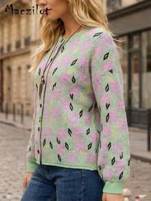 大码女式薄荷绿宽松开衫，甜美休闲单排扣针织外套 - 彩色 - 查看 4