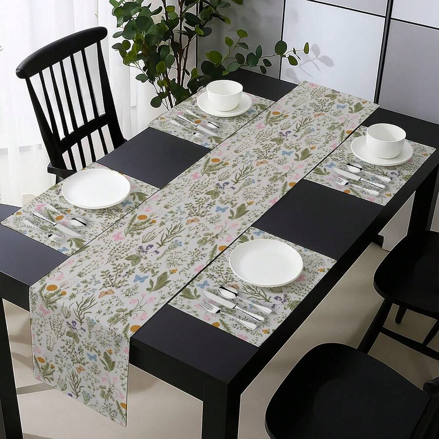 1 件春季野花图案桌旗，饰有花卉和蝴蝶图案，色彩鲜艳，适合夏季假期、家居厨房餐桌、派对和婚礼装饰。 - 綠色 - 查看 1