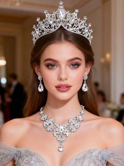 3 pièces Ensemble de bijoux de mariée baroque argenté : couronne, collier et boucles d'oreilles, convient pour les accessoires de banquet de mariage