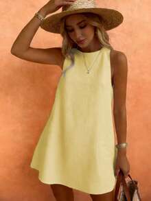 Starfish Women's Fashionable Versatile Minimalist Elegant Khaki Round Neck Sleeveless Dress, Suitable For Commuting In Spring And Summer - Yellow - View 4