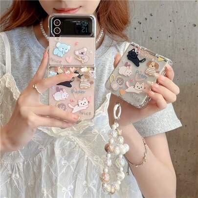 Cute Pet Transparent Folding Phone Case With Beaded Chain, Suitable Compatible With Samsung Galaxy Z Flip3 5G/Galaxy Z Flip 4 5G/Galaxy Z Flip 5 5G/Galaxy Z Flip 6 5G/Galaxy Z Flip 7 5G, Girly Protective Cover