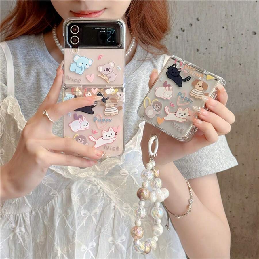 Cute Pet Transparent Folding Phone Case With Beaded Chain, Suitable For Samsung Galaxy Z Flip3 5G/Galaxy Z Flip 4 5G/Galaxy Z Flip 5 5G/Galaxy Z Flip 6 5G/Galaxy Z Flip 7 5G, Girly Protective Cover - Multicolor - View 1
