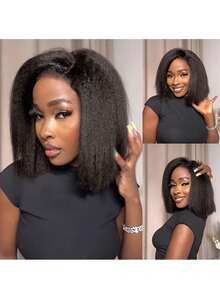 Kinky Straight Bob Short Yaki Straight Human Hair Wig For - 180% Density 13x4 Lace Wig For Women, Pre-Plucked Wig With Natural Look & Easy Maintenance,Yaki Kinky Straight Bob Design,Short Hair Wig,Human Hair Wig,Comfortable Wig Gifts For Women Lace Frontal Human Hair Wigs With Natural Hairline For Women Easy To Wear,Create A Vibrant Look,Versatile Styling Options Beginners Friendly. - SNatural - View 3