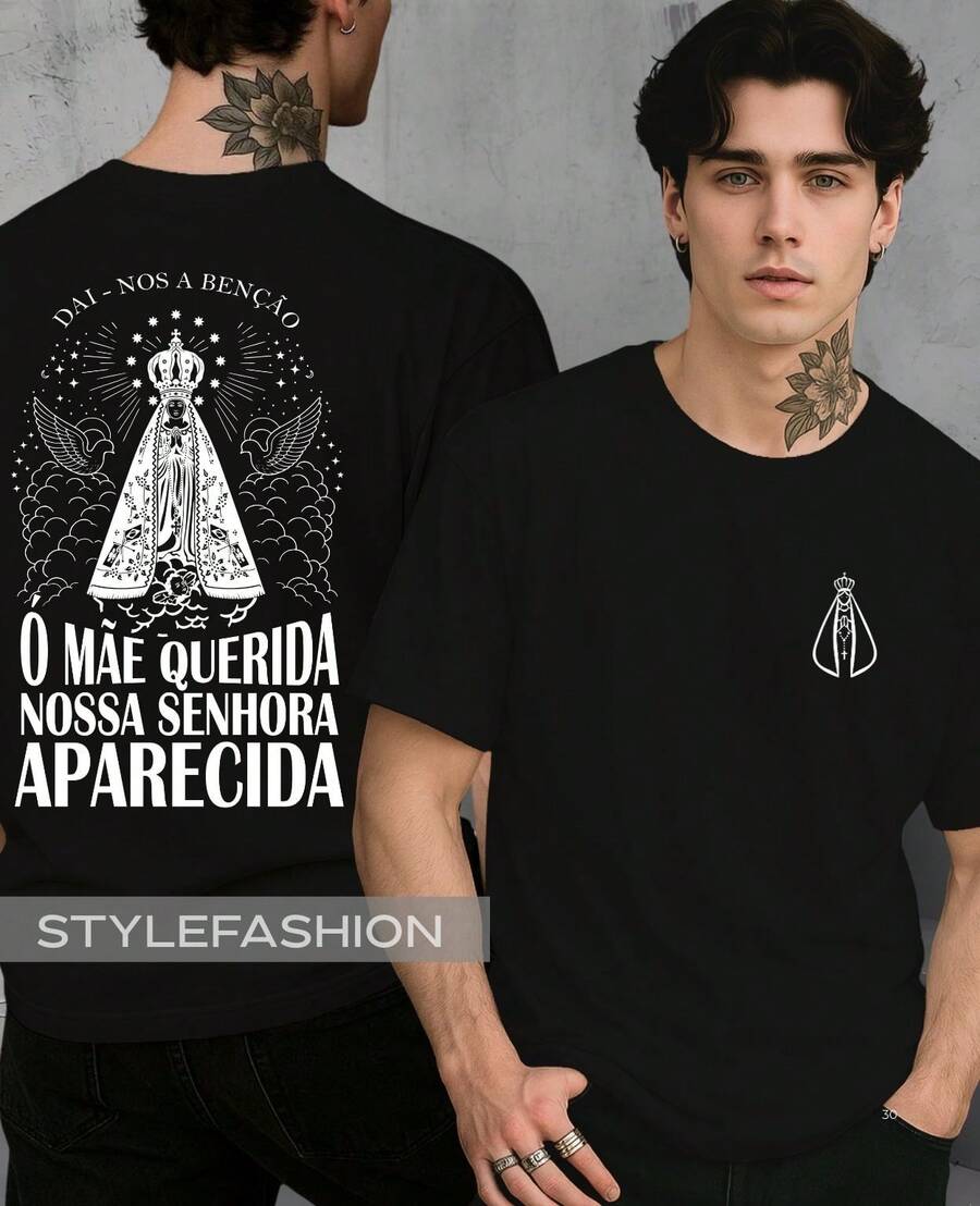 Religious T-Shirt Our Lady Of Aparecida "Oh Dear Mother" Catholic Patron Saint Of Brazil 100% Cotton - Black - View 1