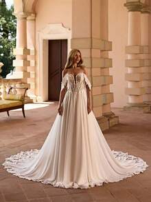 Ethereally Romantic Off-Shoulder Lace Bodice Chiffon Ball Gown Wedding Dress With Lace Train, Wedding Dresses For Bride, Elegant And Comfortable, Includes Plus Sizes, Bridal Gown, Formal Dresses For Women, Suitable For Wedding, Party, Vacation, Bride, Formal Occasions, Dinner Dress, Prom Dress, After-Party Dress, Homecoming Dress, Cocktail Party, Birthday Party, Celebration, Gala, Festival, Ceremony - 白色 - 查看 3