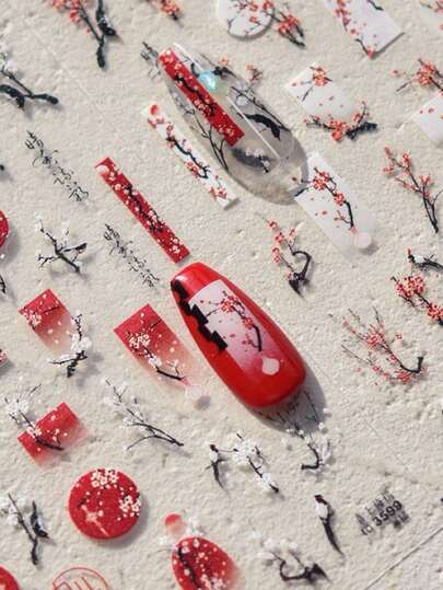 1pc Japanese Vintage Plum Blossom Nail Art Sticker, 3D Embossed Design With Ink Painting Floral & Calligraphy Pattern, Self-Adhesive Nail Decals, Waterproof & Long-Lasting, Nail Art Decoration For Women, New Chinese Style, Suitable For Holidays Nails