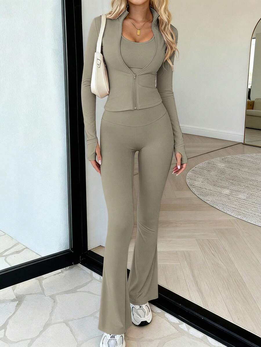 Women's Autumn/Winter Solid Color Stand Collar Zipper Long Sleeve Jacket + High Waist Butt Lifting Tummy Control Flare Pants 2 Pieces Set Elegant - Camel - View 1
