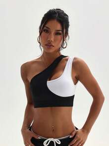 Women's Fashion Black & White Patchwork Removable Padded One Shoulder Backless Sports Knit Bra Spring - Black and White - View 5