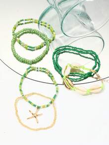 Set de 7 piezas de pulsera de estilo bohemio con concha y cuentas, con colgante de estrella de mar (colores de cuentas surtidos) - Verde - Ver 3