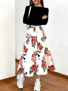 Women's Long Sleeve Floral Dress, Women's Round Neck Hawaiian Long Dress, Women's Stretch Dresses, Floral Holiday Party Dresses, Skirts, Casual Long Dresses - 黑色 - 查看 2