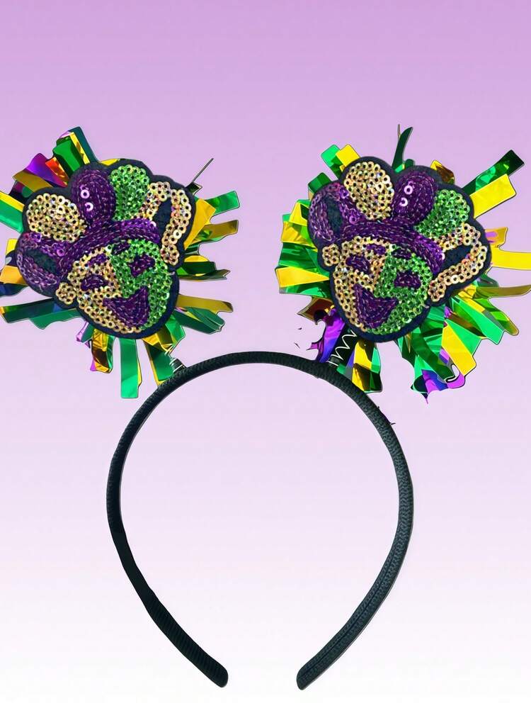 1pc Colorful Striped Sequin Clown Heart Masquerade Headband, Party Costume Accessory - Multicolor - View 4