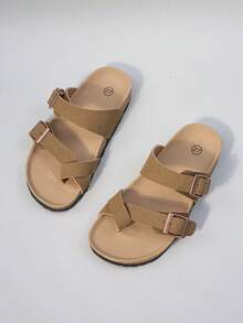 Un par de sandalias para niñas, con acabado mate en color caqui, tiras cruzadas y suela de madera blanda. Estas sandalias de punta abierta y tacón plano son cómodas, transpirables y ofrecen un aspecto minimalista y casual, lo que las hace perfectas para el uso diario en verano (color de la suela/plantilla aleatorio) - Granate - Ver 7
