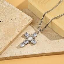 Fashionable Best-Selling White Zirconia Cross Pendant Necklace With Exquisite And Niche Design - Silver - View 3