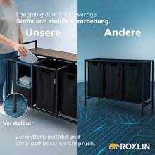 Roxlin Wäschekorb mit 3 Fächern – Wäschesammler mit Deckel & Ablage – Wäsche Sortierer aus Metall – Schmutzwäsche Organizer für Bad, Schlafzimmer, Waschküche - Schwarz - Übersicht 6