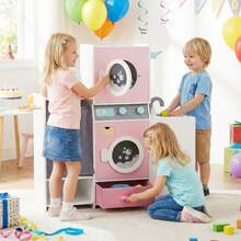 Wooden Kids Laundry Playset Pretend Toy Washing Machine W/ Clothes Hangers - Pink - View 4