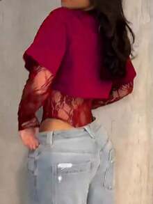 Women's Sheer Lace Short Sleeve Crop Top, Solid Color Lace Patchwork See-Through Bodysuit Daily Wear, Dating, Single Party, Stage Performance, Spring/Summer KI9I - Đỏ - Xem 2