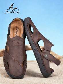 Salkin 新款设计师手工夏季男士凉鞋，价格亲民，奢华工艺，包头设计，多功能，稳固贴合，后跟带设计，平底防滑，经久耐穿，休闲百搭，适合户外、沙滩、钓鱼、散步等场合，柔软舒适透气的皮革材质，建议选购大一码。 - 紅棕色 - 查看 5