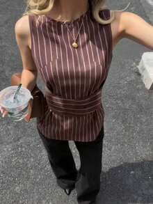 Women's Elegant Striped Tie-Front Sleeveless Top - Multicolor - View 1