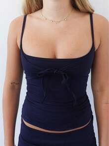 Top de tirantes finos para mujer con lazo delantero, corte ajustado, sin mangas, para llevar a diario, ideal para salir y combinar con otras prendas. - Azul marino - Ver 1