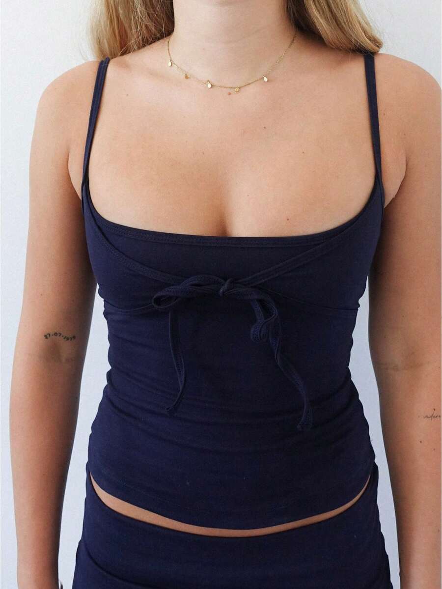 Top de tirantes finos para mujer con lazo delantero, corte ajustado, sin mangas, para llevar a diario, ideal para salir y combinar con otras prendas. - Azul marino - Ver 1