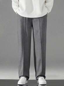1pc Tween Boys Casual Solid Color Toothpick Pleated Decor Sports Outdoor Waffle Straight Leg Pants, Spring/Autumn - Dark Grey - View 3