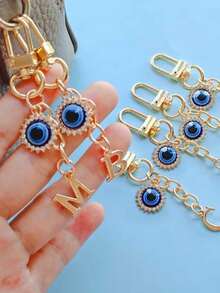 Evil Eye Keychain With Blue Eye Charm & Initials (A-Z) - Golden-Tone Rhinestone-Encrusted Protection Talisman, Durable Metal-Like Letters For Women, Car Keys, Personalized Pendants, Bag Accessories, Key Accessories,,Ideal For Birthday, Graduation, Wedding Gifts, Backpack And Car Key Decor, Friendship Day Present, Decorative Keyring,Valentine'S Day Gifts, Recent Holiday Gifts,Suitable Gifts For Family, Friends, Colleagues, And Classmates - Multicolor - View 2