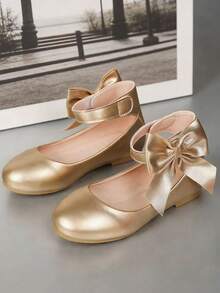 儿童芭蕾平底鞋，踝带蝴蝶结装饰，展现优雅鞋款 - 金色 - 查看 4