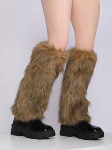 Y2K Style Brown Fuzzy Leg Warmers, Suitable For Everyday Wear - Brown - View 2
