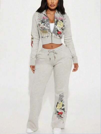 Women's Sweatshirt Fashionable, Casual, Comfortable, Zipper, Hooded Printed Short Hoodie, Sweatpants Two-Piece Set For Spring And Autumn Crop Top Zip-Up Coat Long Slim Fit Pants Gift For Valentine's Day And Graduation