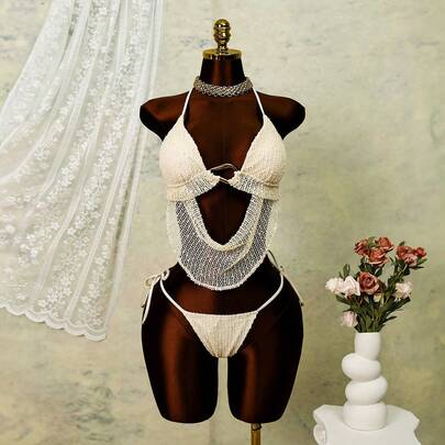 2026 New Elegant Sexy Design Halter Draped Backless Tankini Set, Beach & Spa Resort Vacation Style