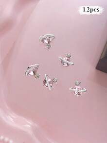 12/240件粉色系列金属美甲饰品：心形、行星、月亮、十字架、蝴蝶结、泰迪熊、星光、水钻银色美甲装饰，奢华金属美甲用品，闪亮粉色水晶美甲宝石，适用于多功能DIY美甲配件 - 彩色 - 查看 17