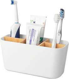 5-Slot Black Plastic Toothbrush Holder With Dividers - Lightweight Freestanding Bathroom Organizer For Electric Toothbrushes, Toothpaste & Razors, Countertop Mount, Bathroom Organizers And Storage, Modern Bathroom Accessory, Durable Bathroom Item - 白色 - 查看 1