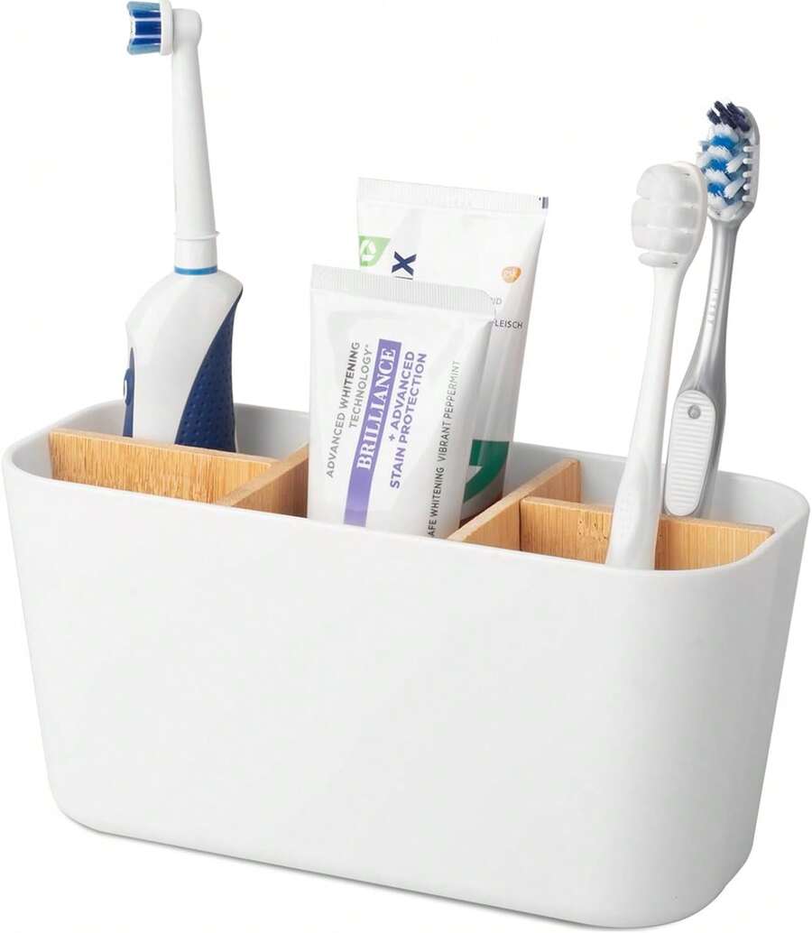 5-Slot Black Plastic Toothbrush Holder With Dividers - Lightweight Freestanding Bathroom Organizer For Electric Toothbrushes, Toothpaste & Razors, Countertop Mount, Bathroom Organizers And Storage, Modern Bathroom Accessory, Durable Bathroom Item - 白色 - 查看 1