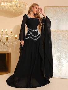 Modphy Vestido de fiesta de manga larga con hombros descubiertos, pedrería y cristales, estilo capa, para mujer, color negro, para bodas y fiestas de primavera, nuevo otoño 2024 - Negro - Ver 3