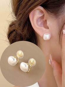 1 Pair Fashion Faux Pearl Clip-On Earrings For Women, No Piercing Needed, Elegant Aesthetic Clip Earrings, Suitable For Daily Wear And Gifts - Ear Clip - View 10