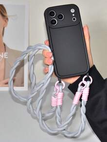 钥匙扣挂绳套装，时尚韩版灰粉色编织挂绳，兼容 17 Pro Max、14、13、11、15、Xs Max、12 Pro、7/8 Plus手机壳及保护套 - 黑色手機殼+灰粉色長短繩 - 查看 6