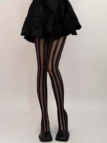 1双性感黑色西瓜条纹丝袜，Y2K Hottie竖条纹拼接不透明连裤袜 - 彩色 - 查看 3